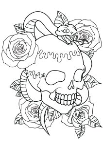 Printable Coloring Page for adults : Tattoo with skull, snake and roses