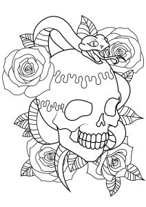 Tattoo with skull, snake and roses