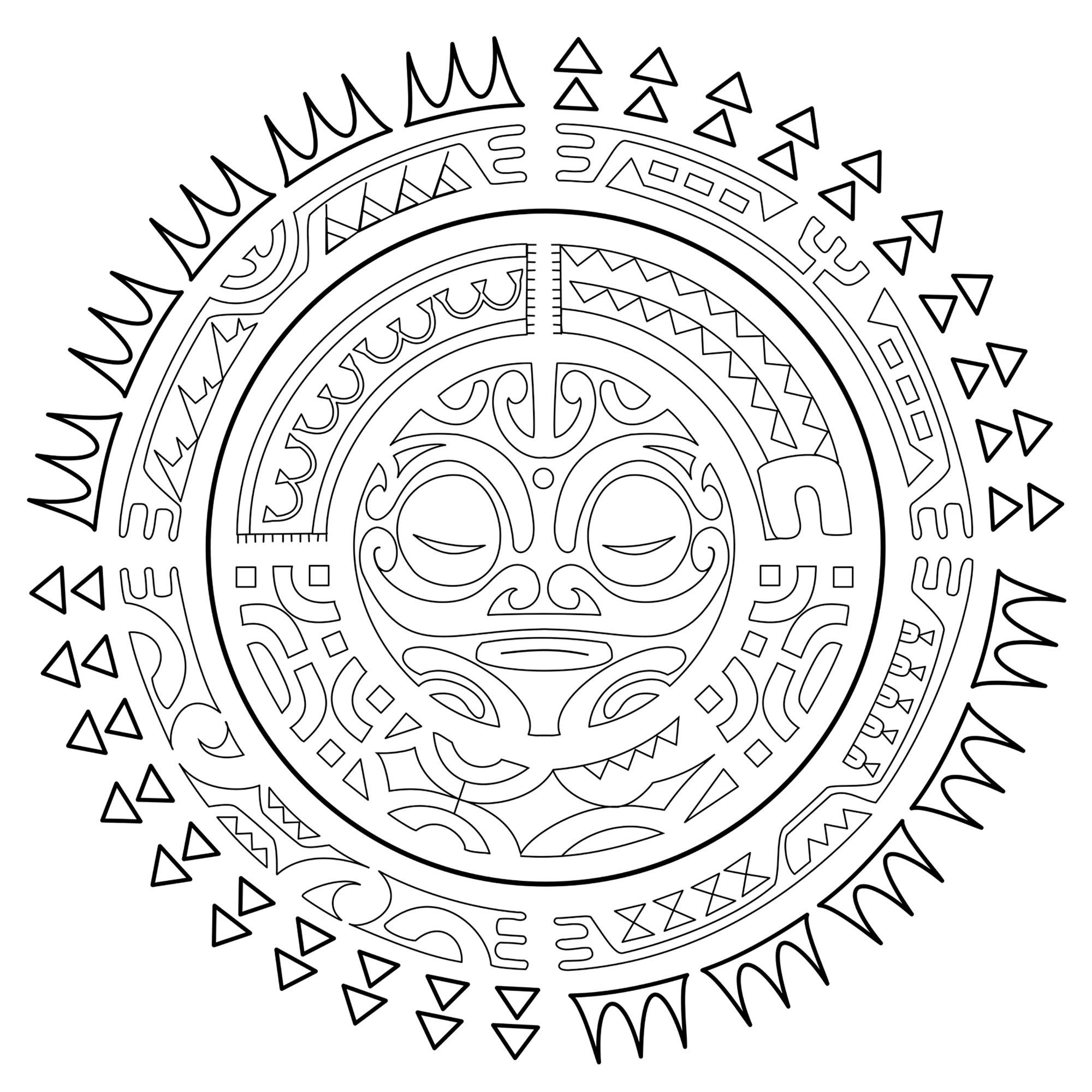 The sun is a universal symbol of eternity and life. In Polynesian cultures it is also regarded as a symbol of health, welfare, success, joy, purity, and fertility. It’s considered a male symbol, associated with fire. The rising sun symbolizes a fresh start, new life, and growth, while the setting sun can be a symbol of rest and peace, with the continuous cycle of day and night symbolizing eternity. The sun in this tattoo is a symbol of protection, like the guardian tiki in the center of the design. The elements surrounding it represent protection from adversities (symbolized by the moray eel), cooperation, strength, and good luck in order to achieve stability, prosperity, and unity.  From the book Polynesian Tattoos: 42 Modern Tribal Designs to Color and Explore by Italian tattoo artist and author, Roberto “GiErre” Gemori. Product page : www.shambhala.com/polynesian-tattoos.html Author’s website: Tattootribes.com