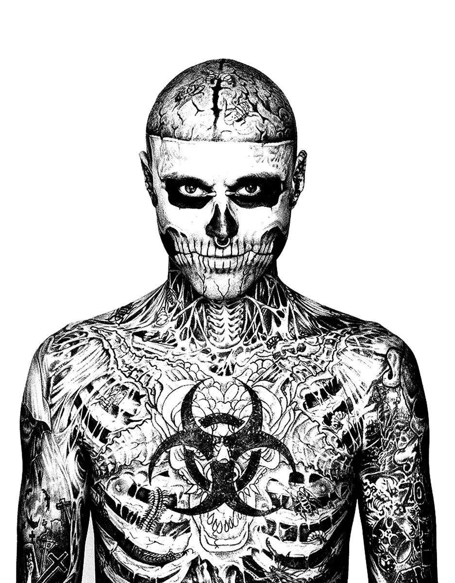 Rick Genest : face and chest (Printable Tattoo Coloring Page for adults)