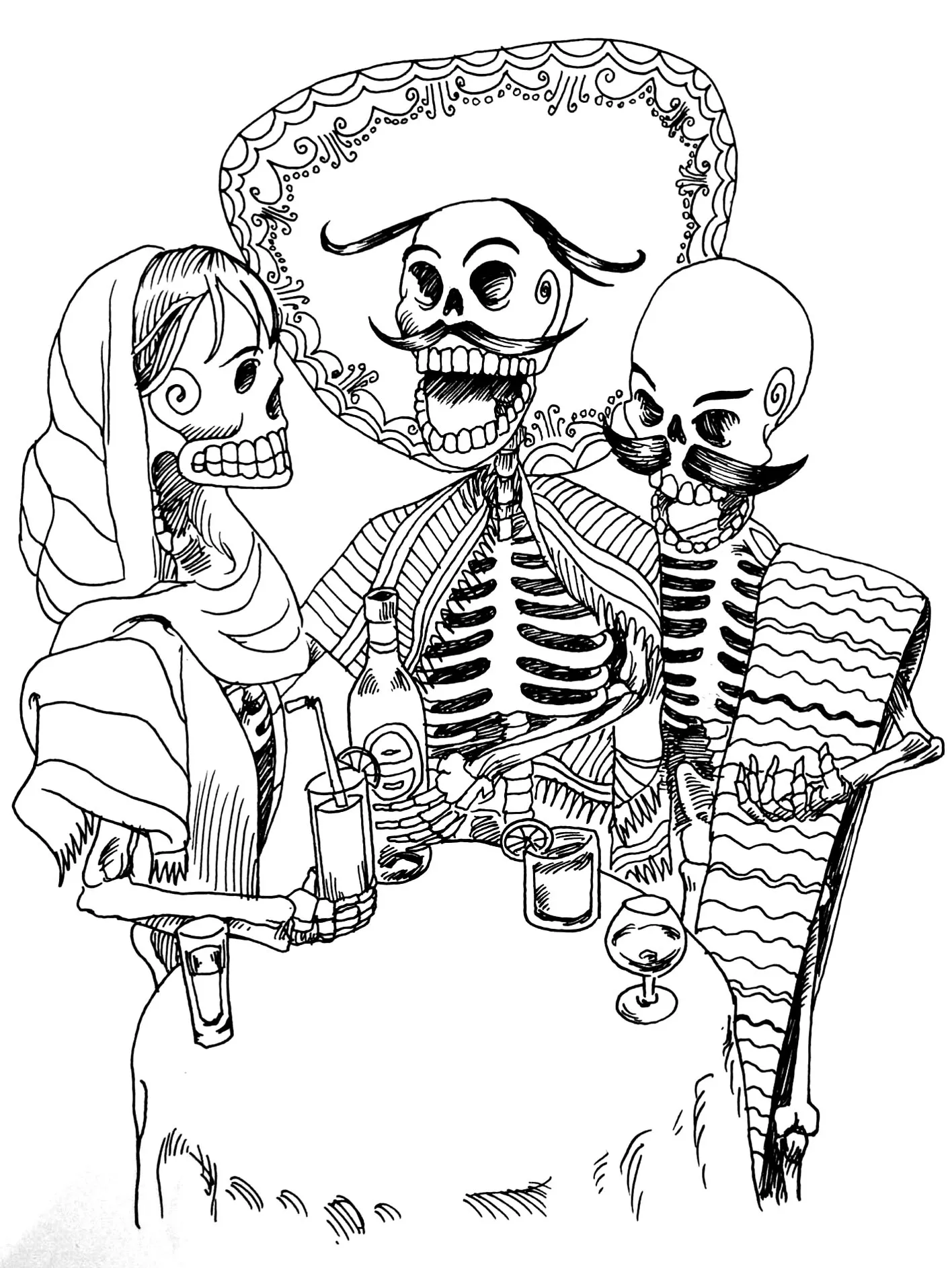 The skeletons celebrating their death (Printable Tattoo Coloring Page for adults)