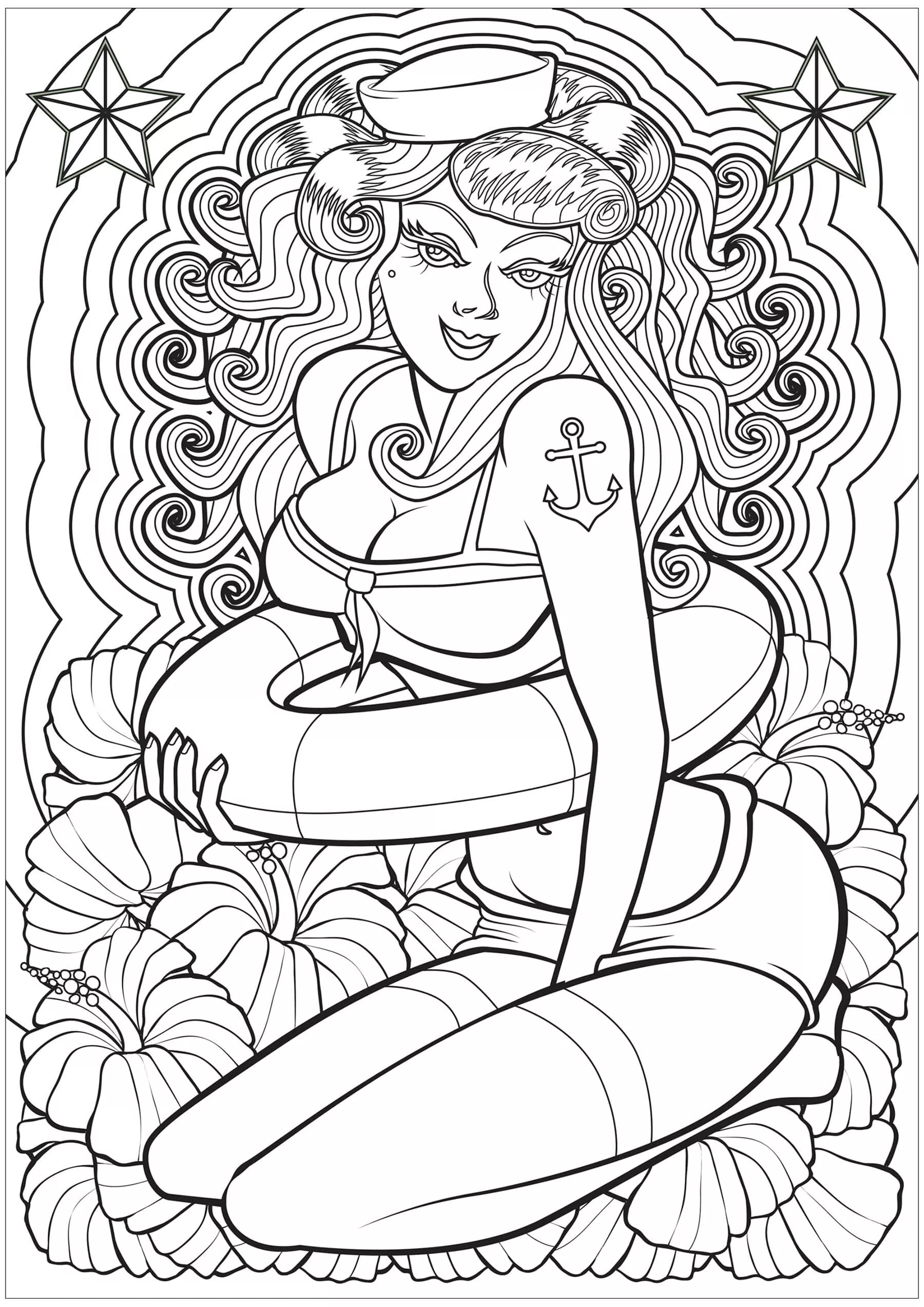 Woman with sailor tattoo (Printable Coloring Page for adults)