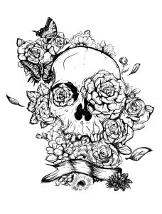 Coloring adult skull and roses tattoo