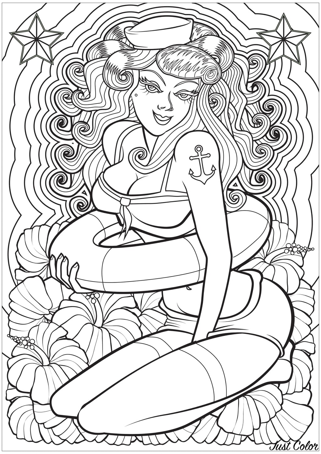 Sexy woman with sailor tattoo, and various elements to color in the background