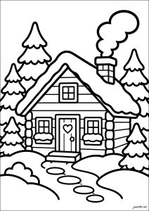 Snowy little house with fir trees