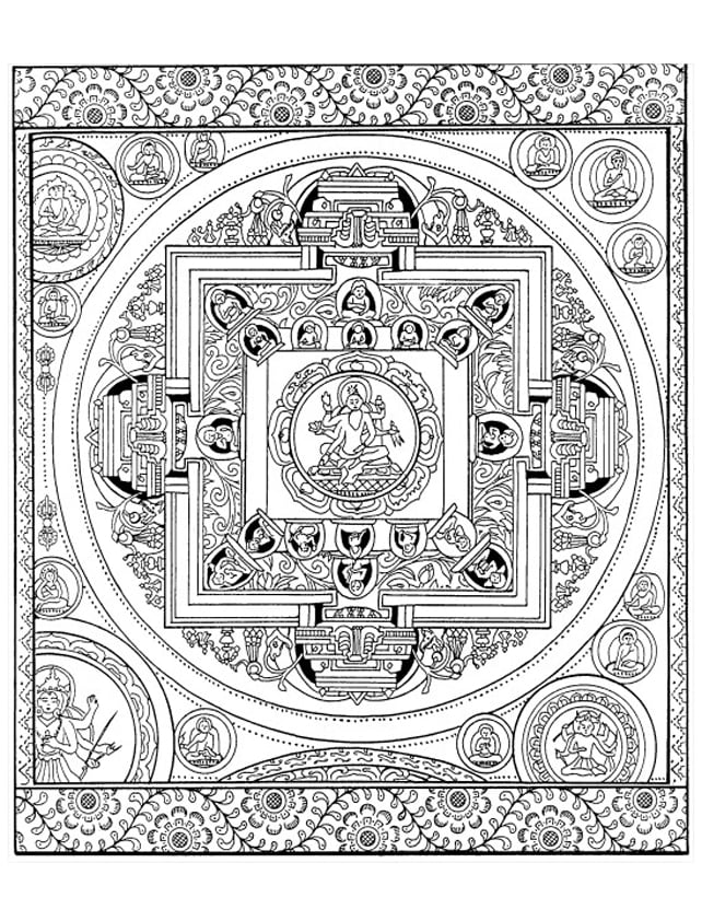 Coloring page created from an authentic 19th century Tibetan Mandala