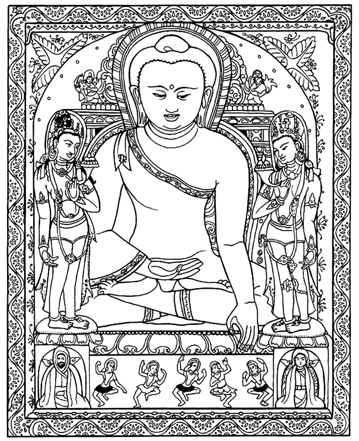 Buddha representation in Tibetan Buddhism (Printable Tibet Coloring Page for adults)