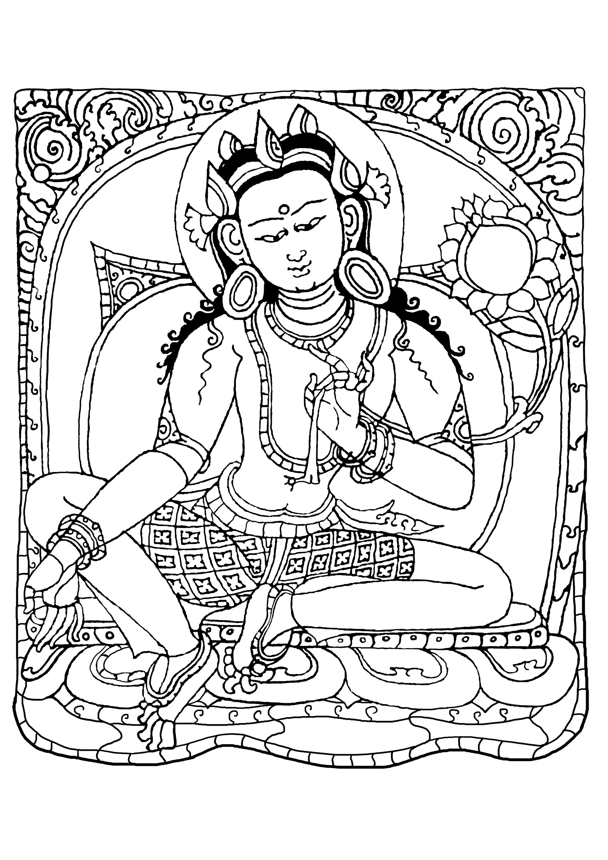 Coloring page inspired by a drawing (copper with gilding and paint) representing Buddha Shakyamuni. . It was made by Nepalese craftsmen, between 1500 and 1600. It was possibly crafted and commissioned in Tibet.