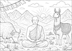 Serenity in the heart of the mountains (Tibet Coloring Page)