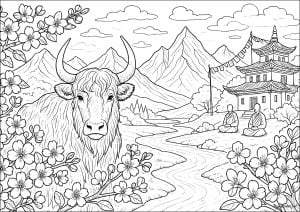 Yak and cherry blossom in front of sacred peaks