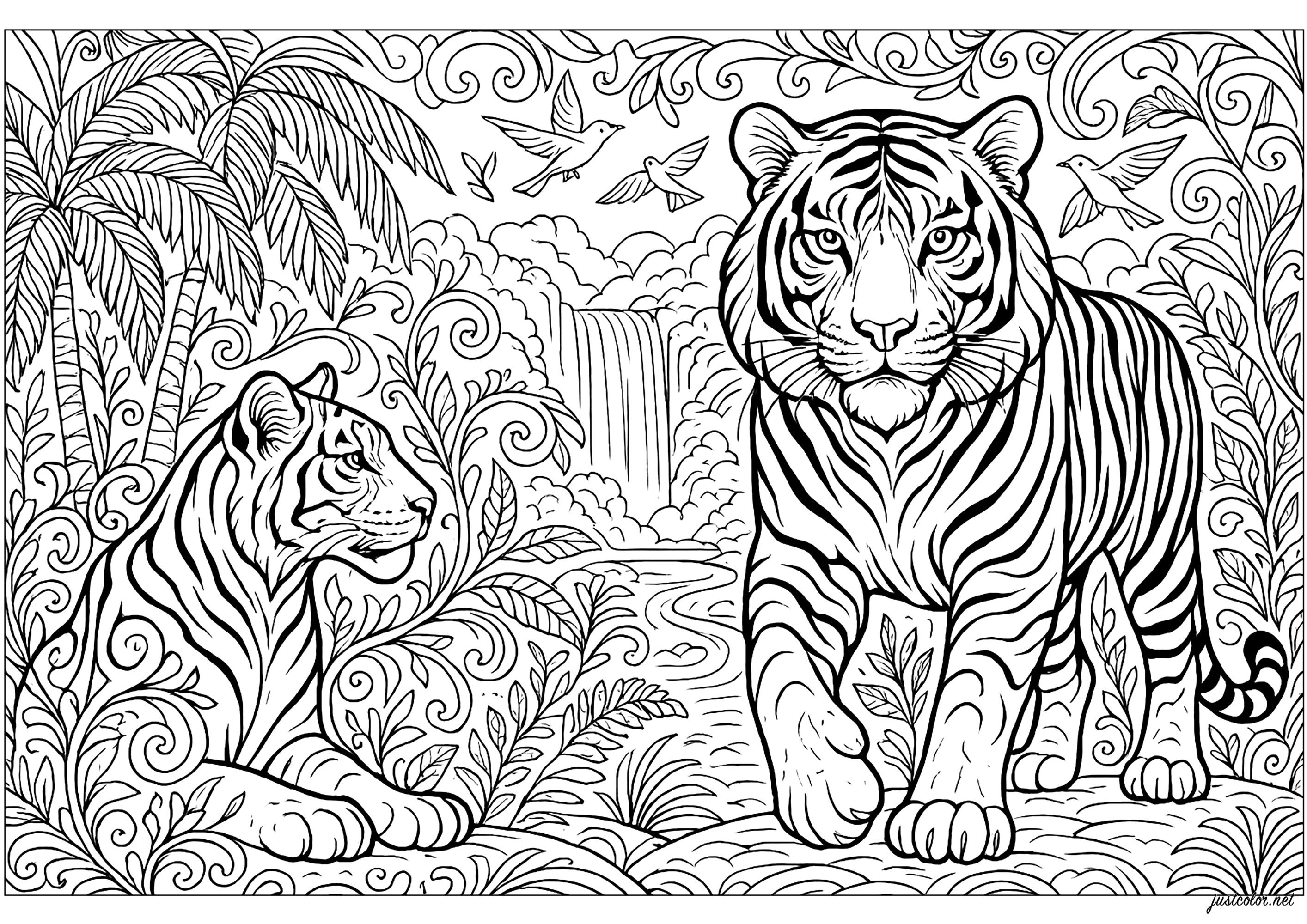 Majestic tigers in the jungle (Printable Coloring Page for adults)