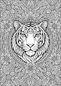 Meditative Tiger in the Heart of a Flower Cluster. A majestic tiger blends harmoniously into the center of an intricate mandala adorned with geometric motifs and natural elements. This detailed composition invites contemplation and creative expression through coloring. Meditative tiger in the heart of a flower cluster