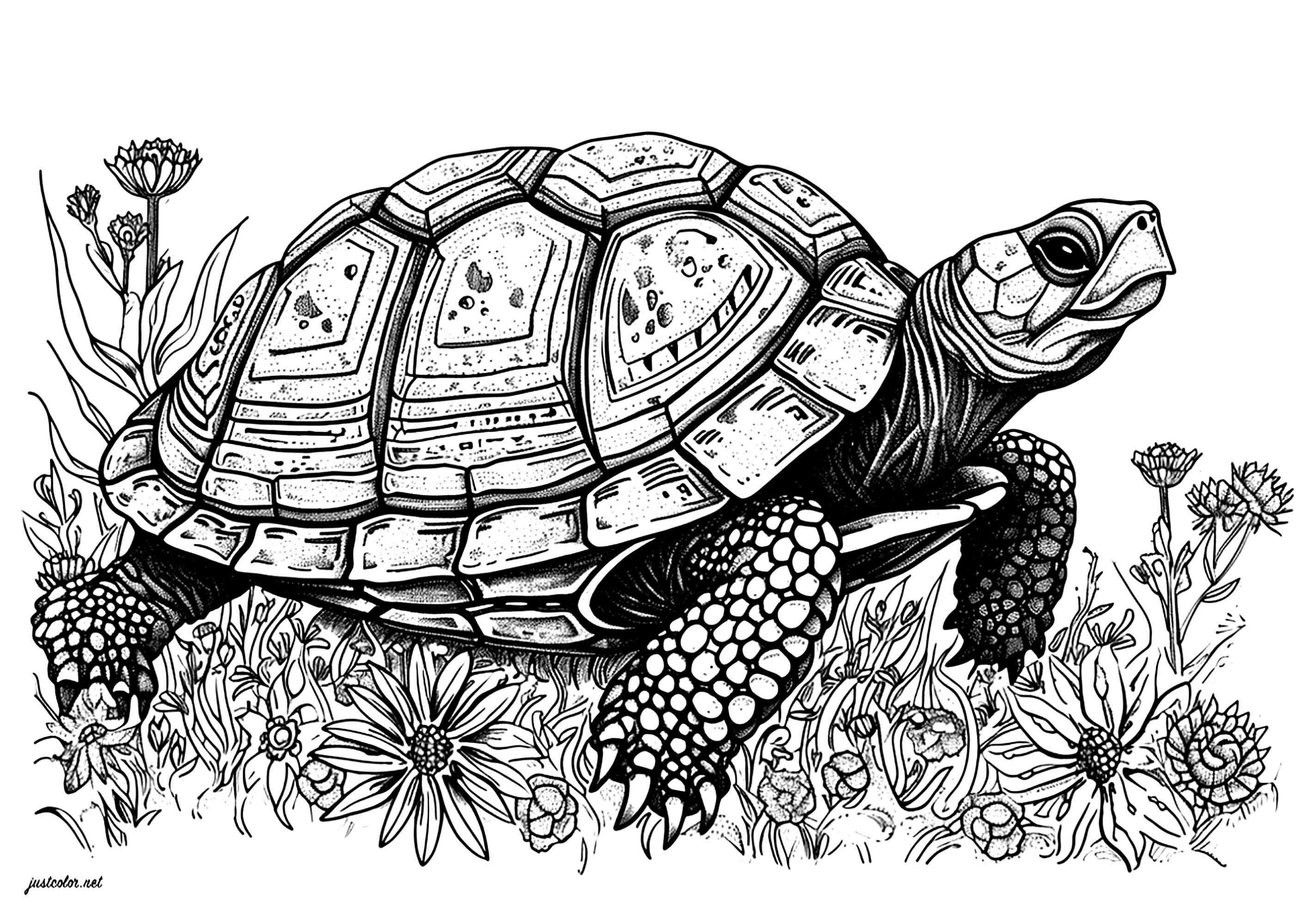 A beautiful turtle moving slowly through pretty flowers