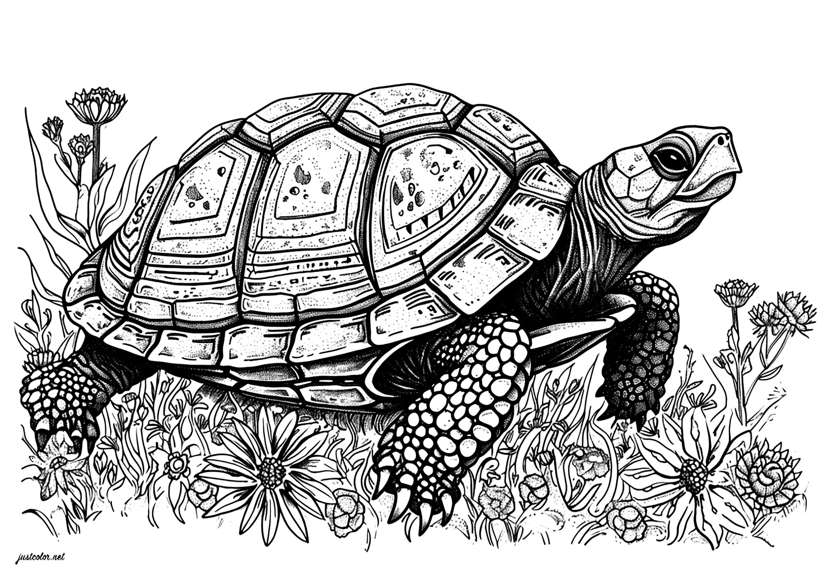 A beautiful turtle moving slowly through pretty flowers (Printable Turtle and Tortoise Coloring Page for adults)