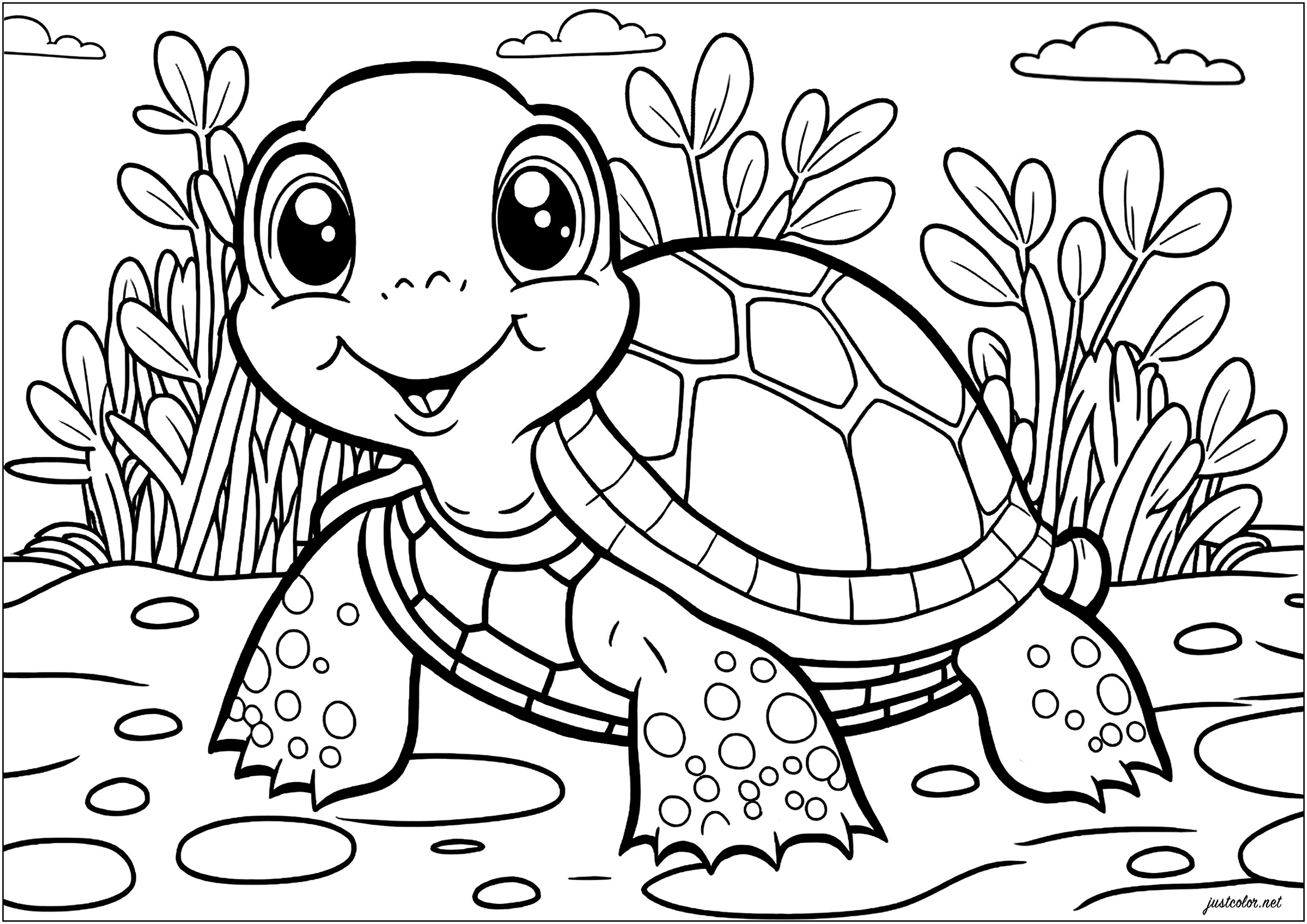 Smiling tortoise to color. Draw the natural world around this smiling tortoise with your creativity and favorite colors. A coloring page with a very childish appearance, but full of details