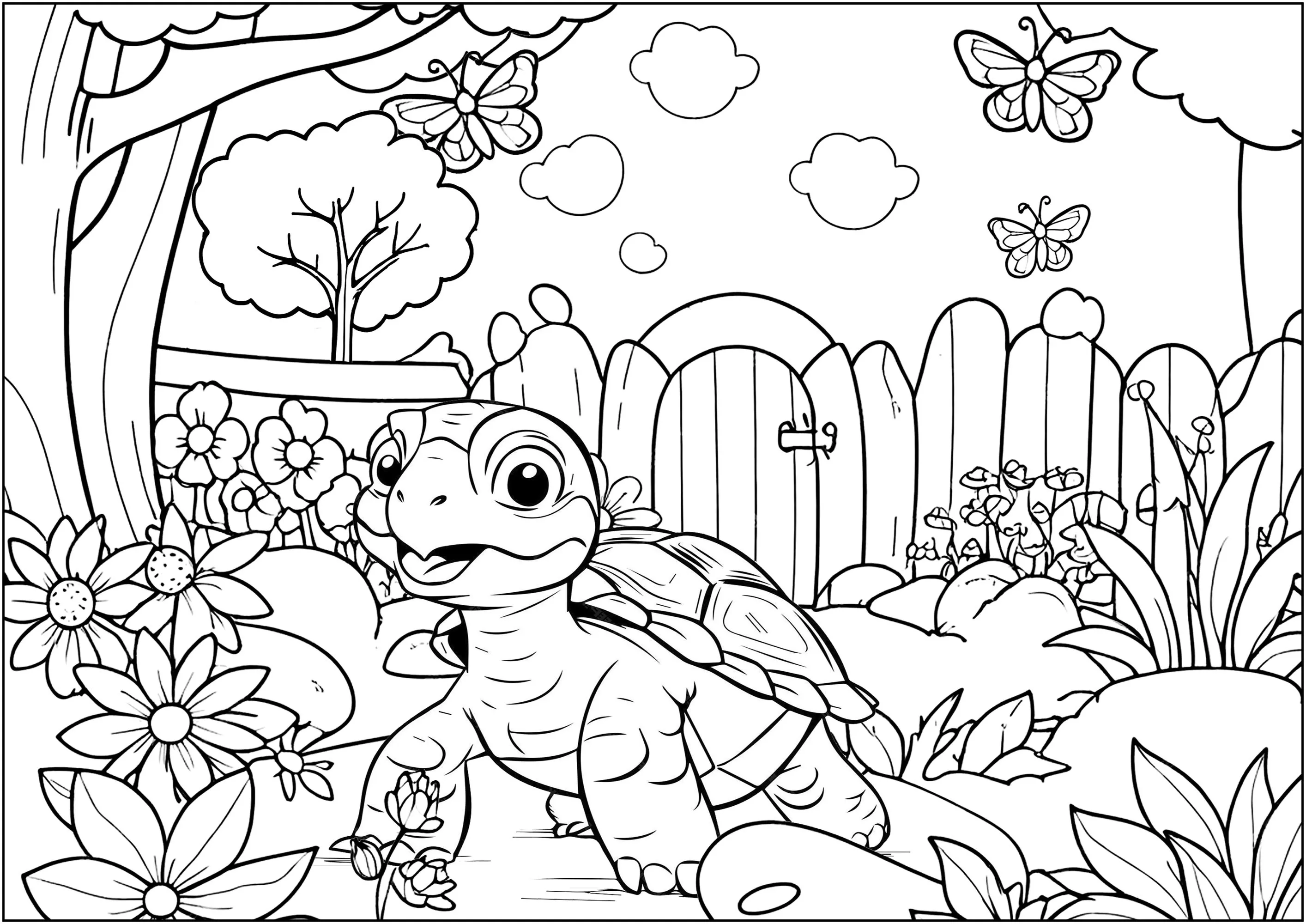Small turtle in a pretty garden (Printable Turtle and Tortoise Coloring Page for adults)
