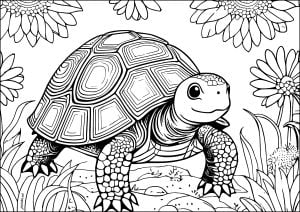 Large, pretty turtle with flowery background (Turtle and Tortoise Coloring Page)