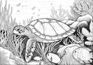 Large turtle swimming on the seabed (Turtle and Tortoise Coloring Page)