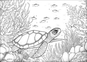 Turtle swimming with fish (Turtle and Tortoise Coloring Page)