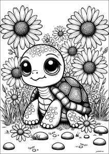 Cute turtle with big eyes, surrounded by pretty flowers (Turtle and Tortoise Coloring Page)