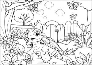 Small turtle in a pretty garden (Turtle and Tortoise Coloring Page)