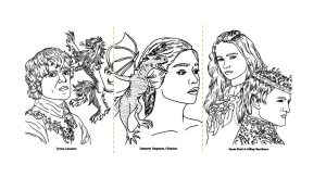 Printable TV show Coloring Page for adults : Tyrion Lannister, Daenerys Targaryen, Sansa Stark and Joffrey Baratheon