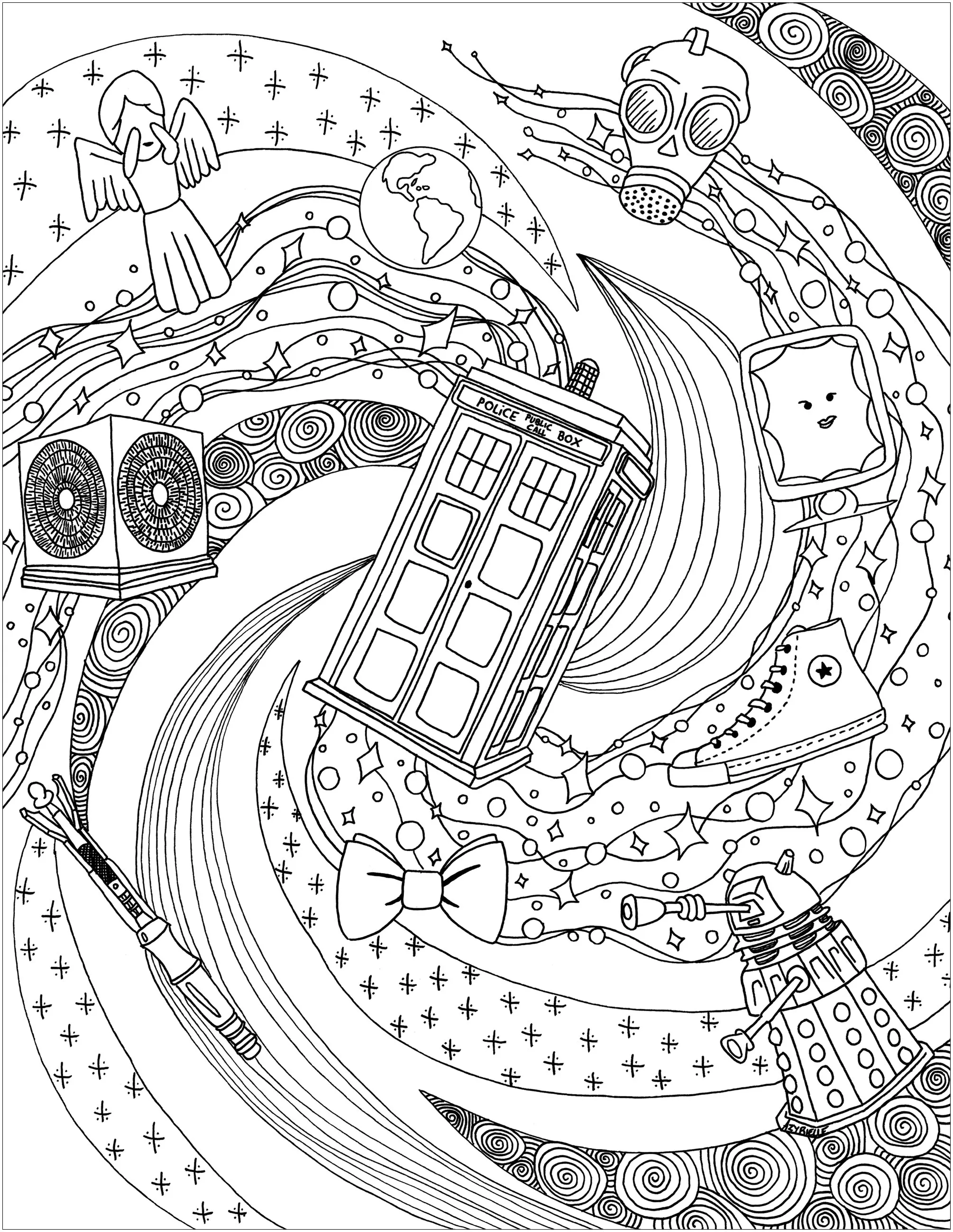 Doctor-Who's-world (Printable TV show Coloring Page for adults)