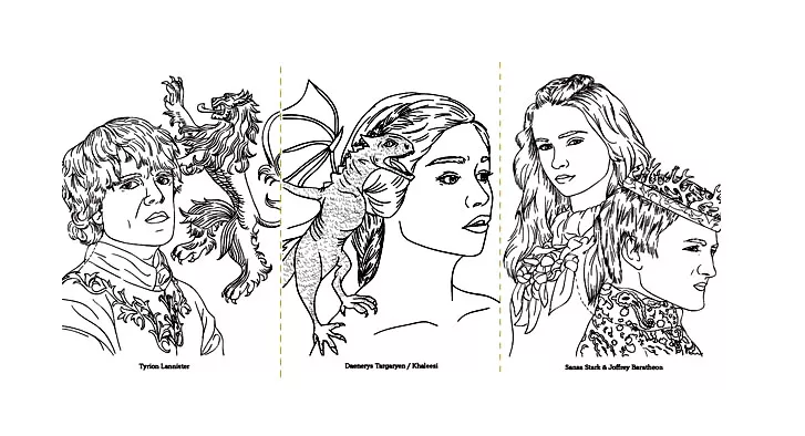 Tyrion Lannister, Daenerys Targaryen, Sansa Stark and Joffrey Baratheon (Printable TV show Coloring Page for adults)
