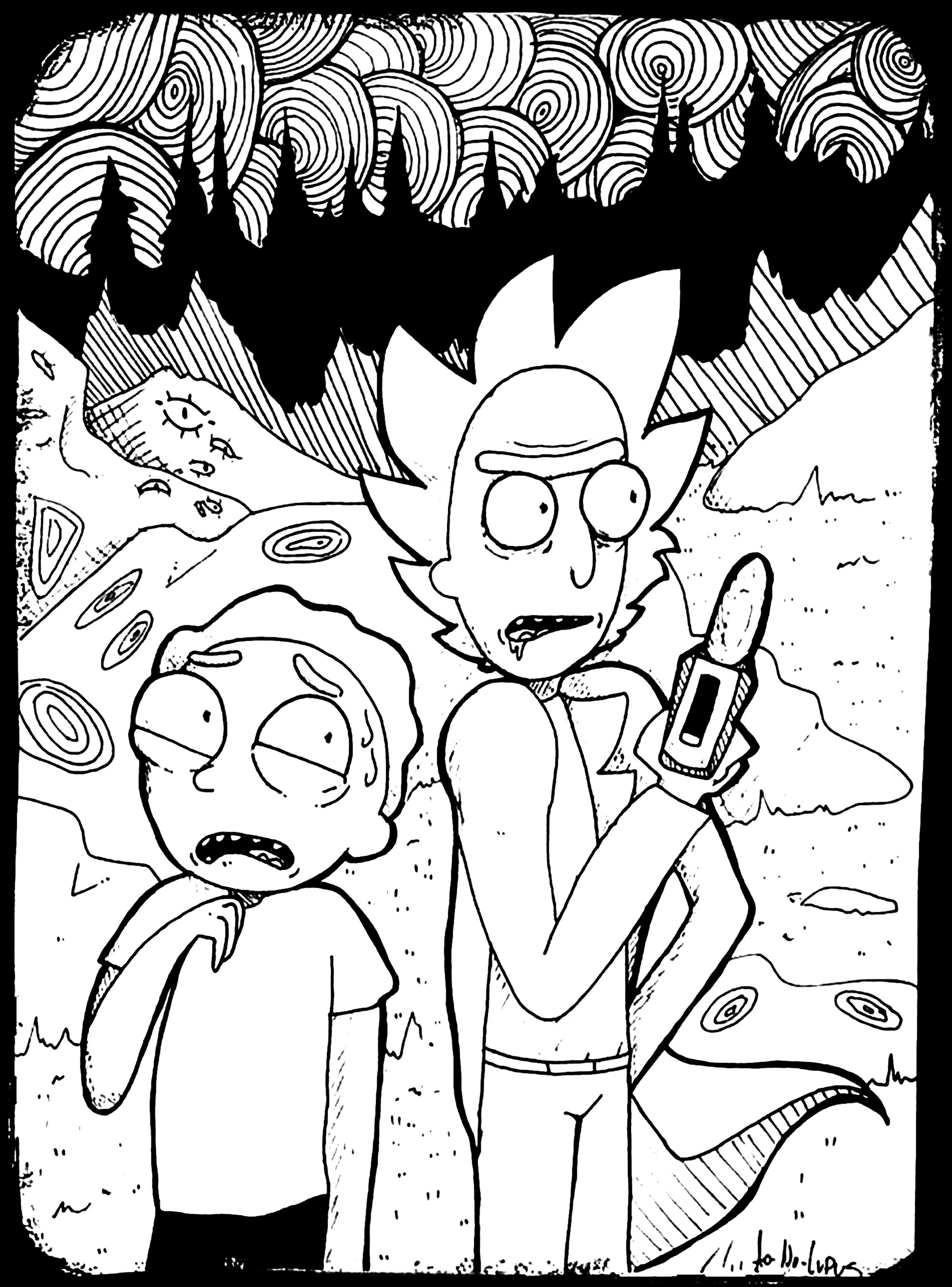 Drawing of the mad scientist Rick Sanchez and his grandson Morty Smith on a strange planet. Created from a fan-art by 'Ao-No-Lupus'.