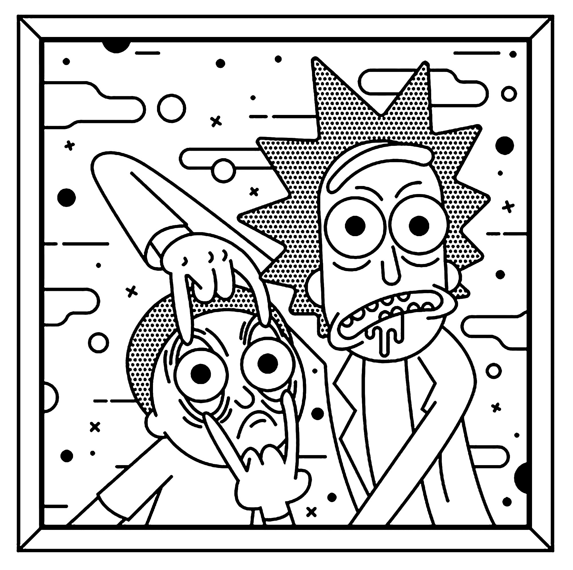 A drawing with Rick and Morty, in a very Pop Art's style. It looks like a true Roy Lichtenstein's painting.