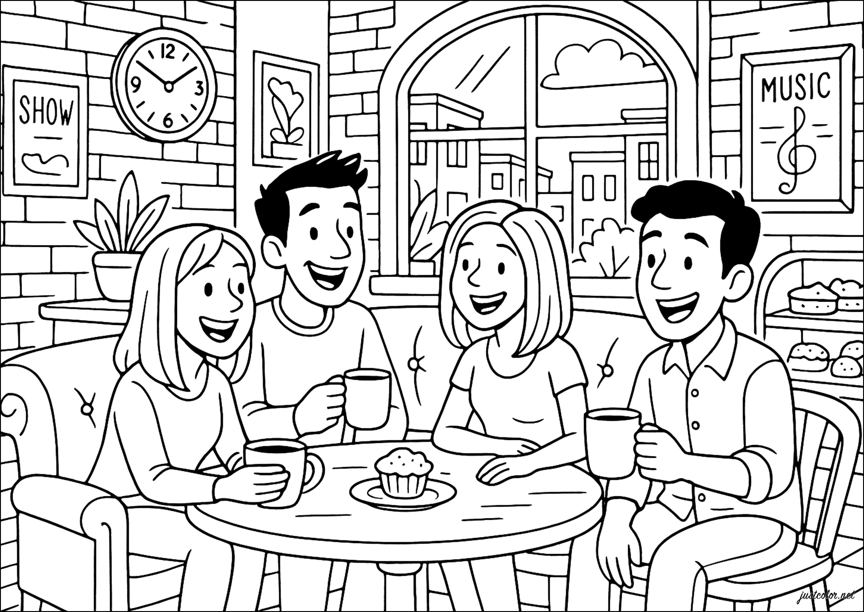Friends in a café (Printable TV show Coloring Page for adults)