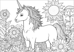 Unicorn in the middle of a sunflower field