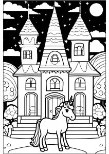 Unicorn in front of a beautiful castle