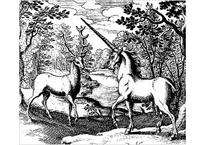 Wood engraving of a unicorn and a deer