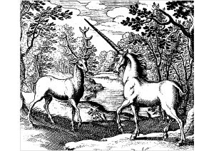 Printable Coloring Page for adults : Wood engraving of a unicorn and a deer