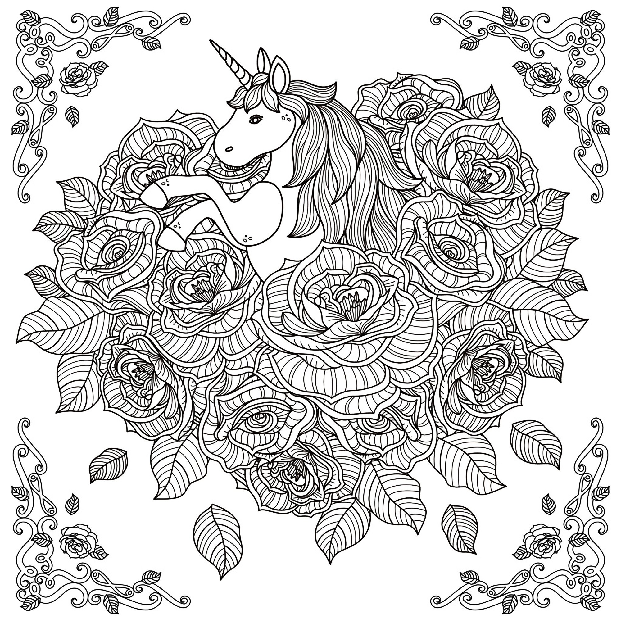 Black and white pattern for coloring book for adults with adorable unicorn and roses background, Artist : Kchung   Source : 123rf