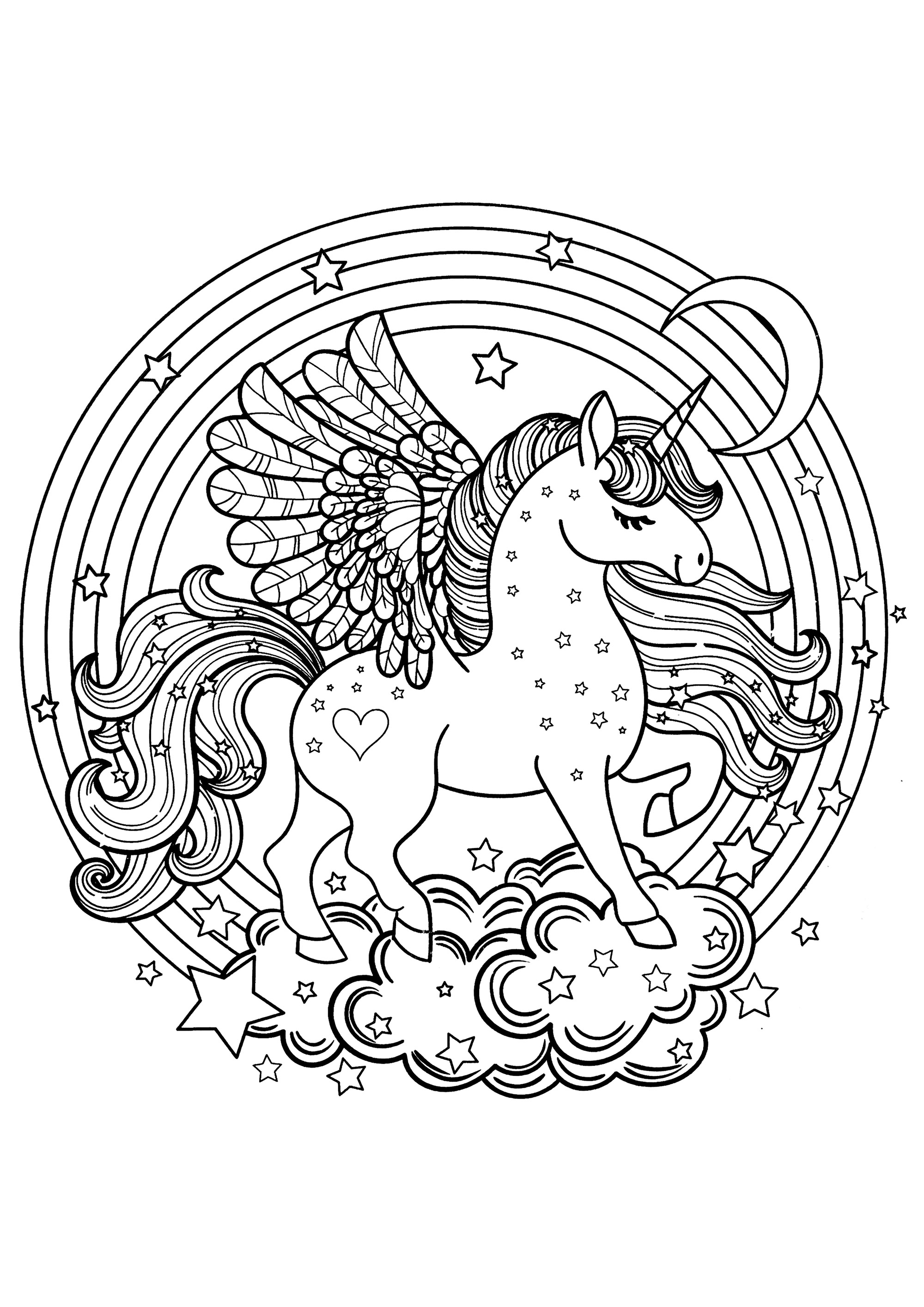 Pretty unicorn and rainbow. Magnificent coloring, with many different details and motifs.With well-chosen, harmonious and complementary colors, the result will undoubtedly be magnificent.