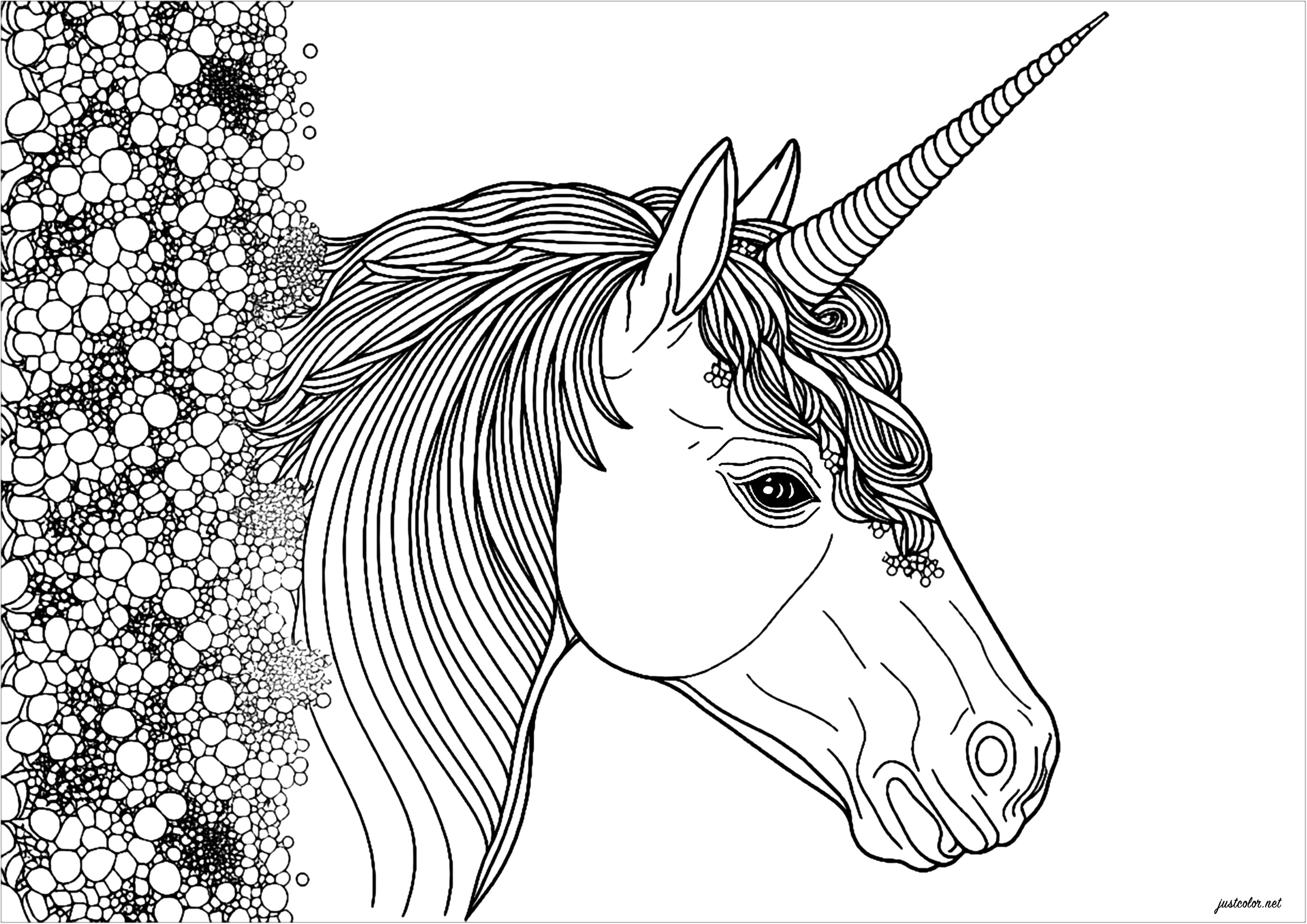 Cute realistic unicorn in profile view. This unicorn seems to come out of an avalanche of diamonds