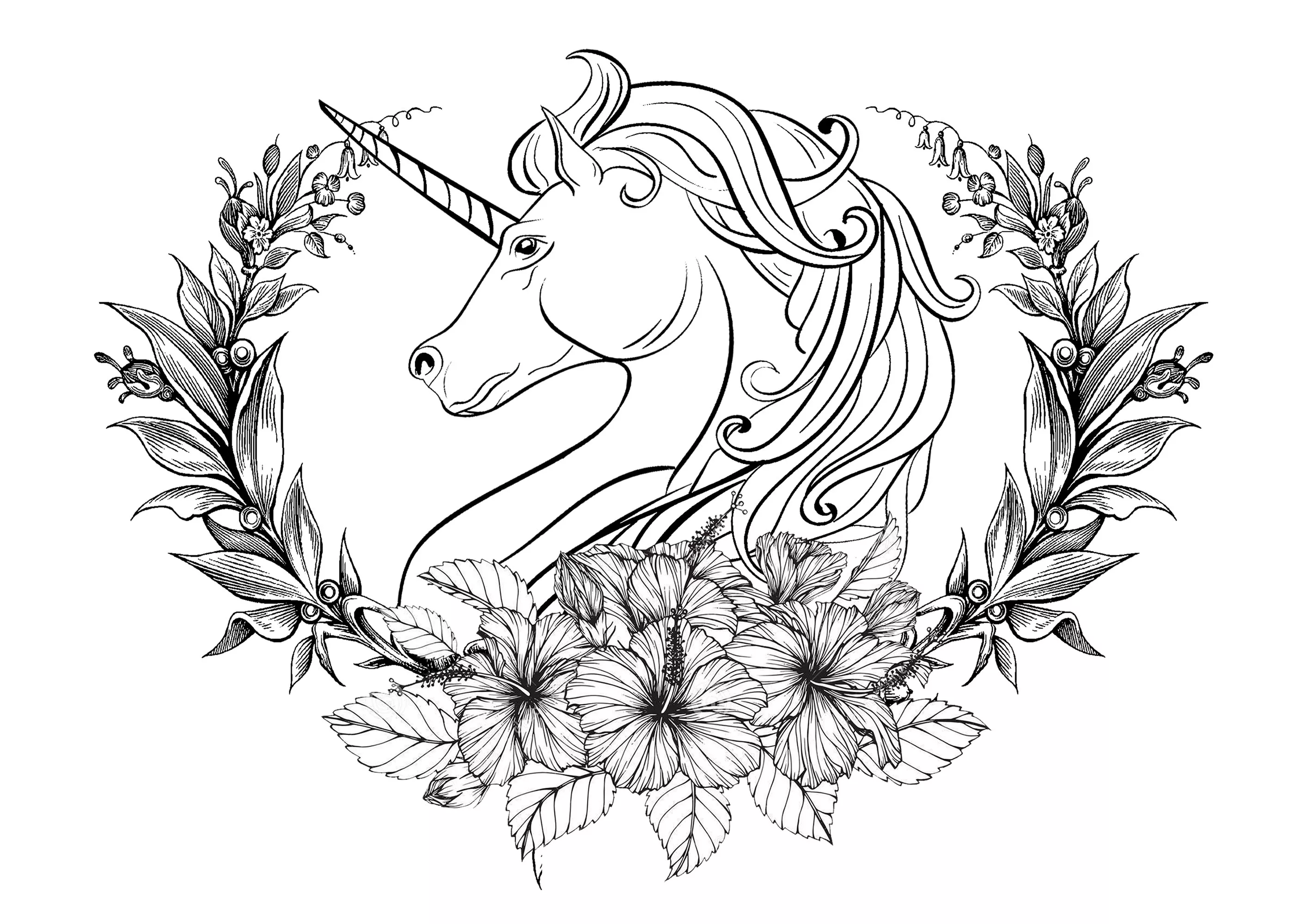 Unicorn and Laurel wreath (Printable Coloring Page for adults)