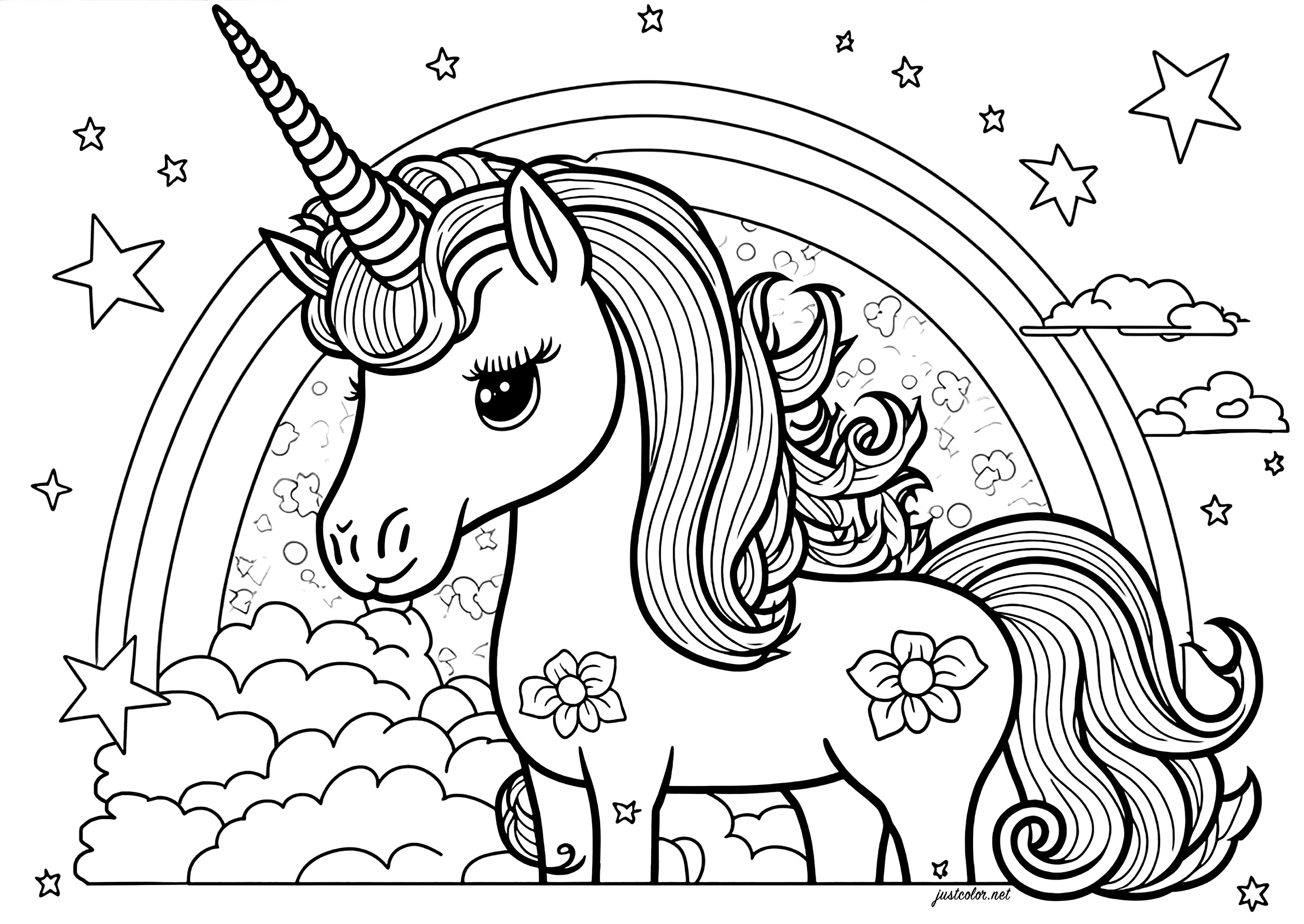 Coloring of a beautiful unicorn in front of a rainbow