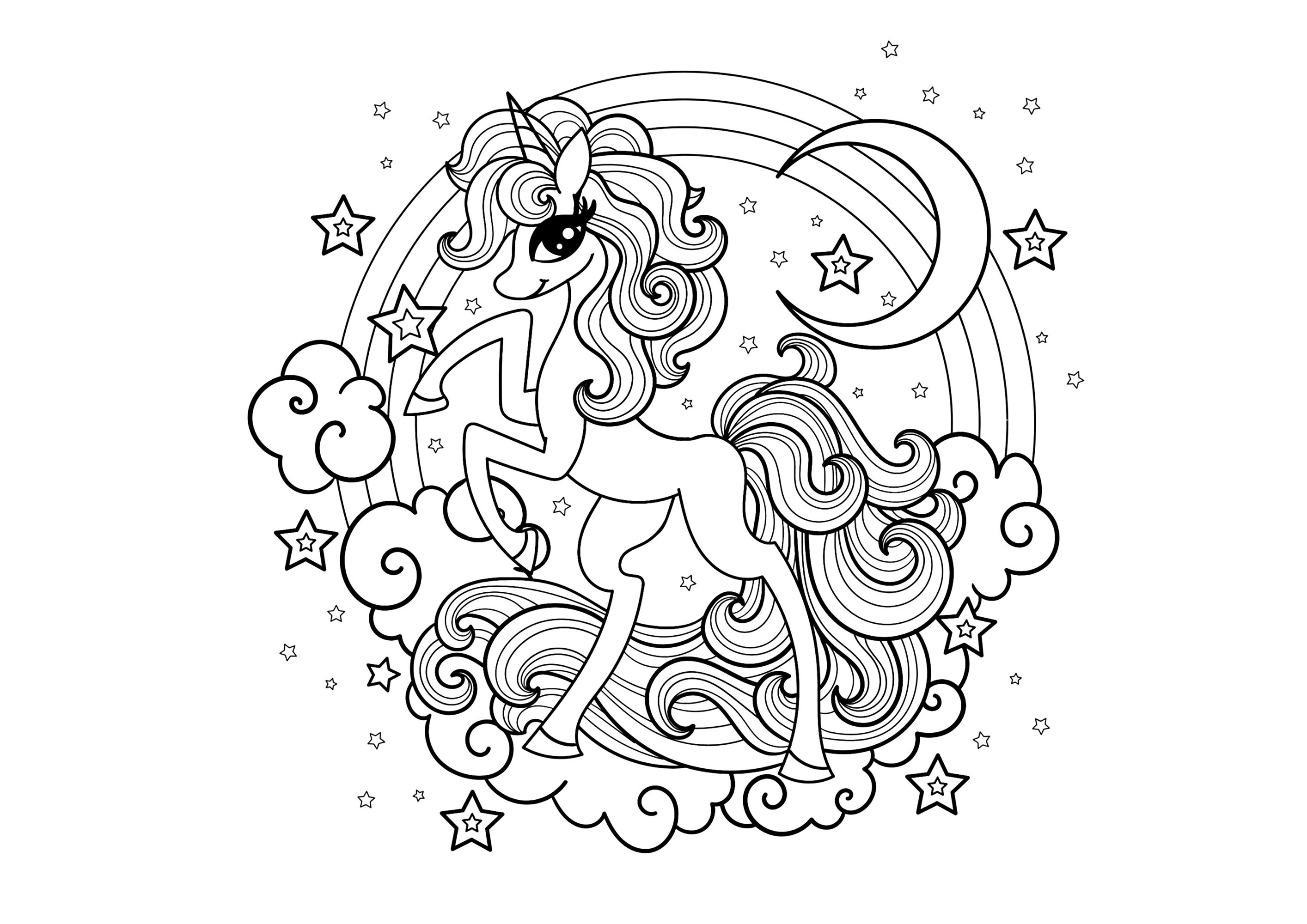 A Unicorn with a distinctive style. Pretty unicorn with rainbow, moon, clouds and stars, Source : 123rf   Artist : Zerlina