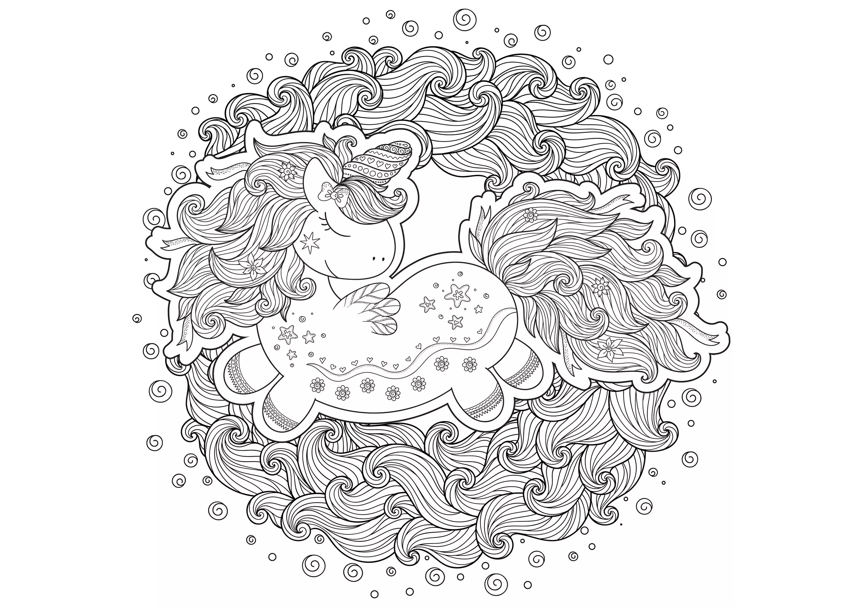 Unicorn in circle of waves (Printable Coloring Page for adults)
