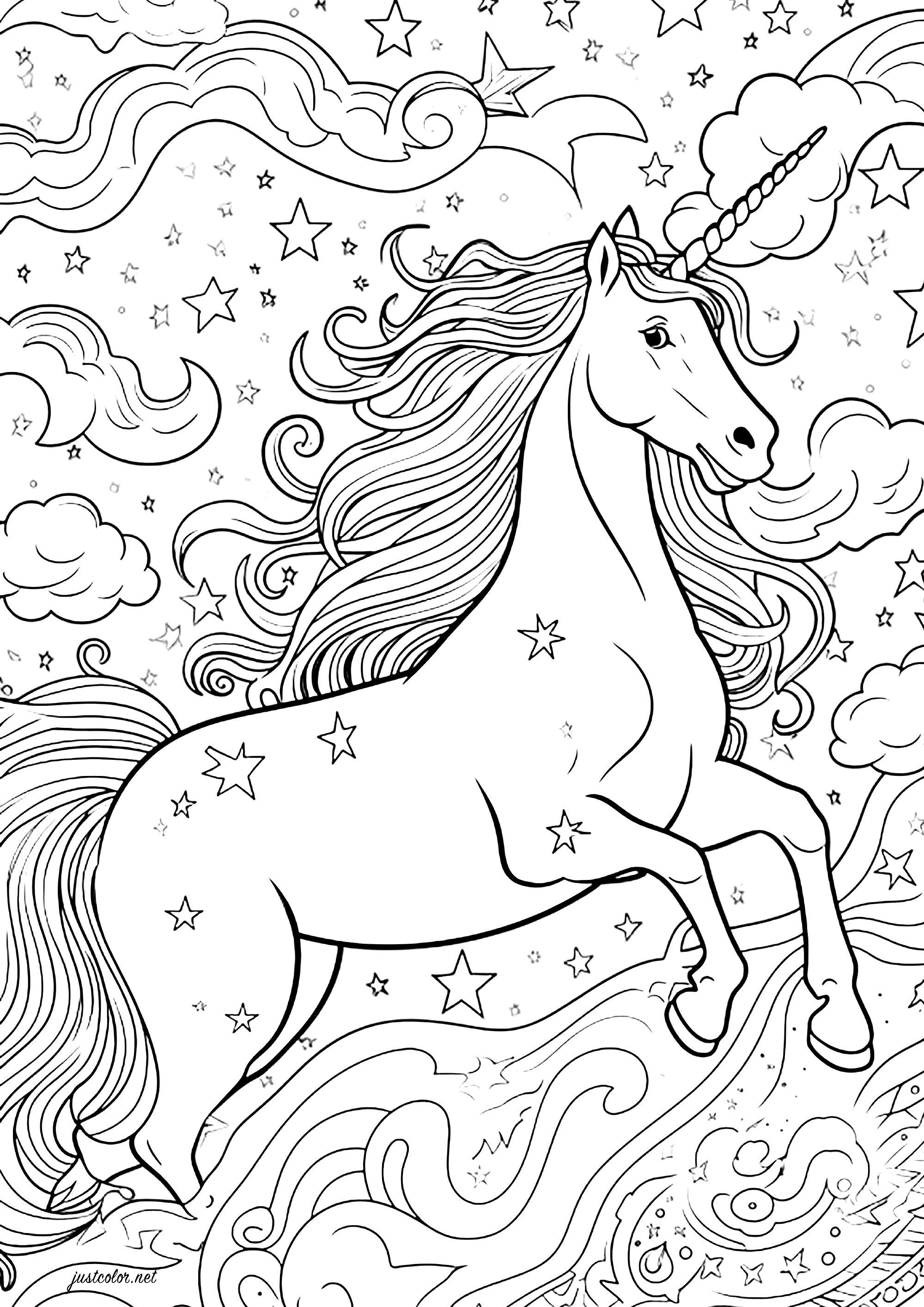 Unicorn in the sky, with pretty clouds and stars