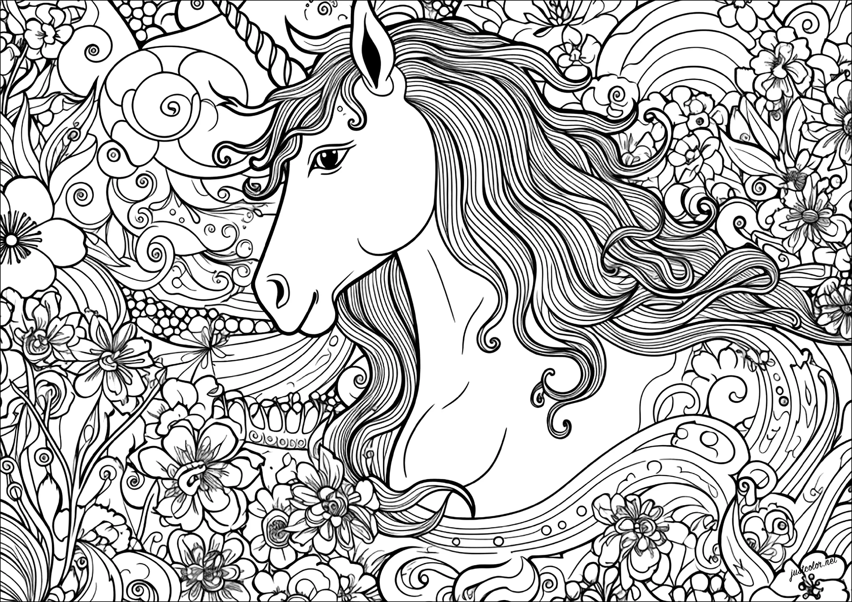 Unicorn with complex profile and numerous motifs (Printable Coloring Page for adults)