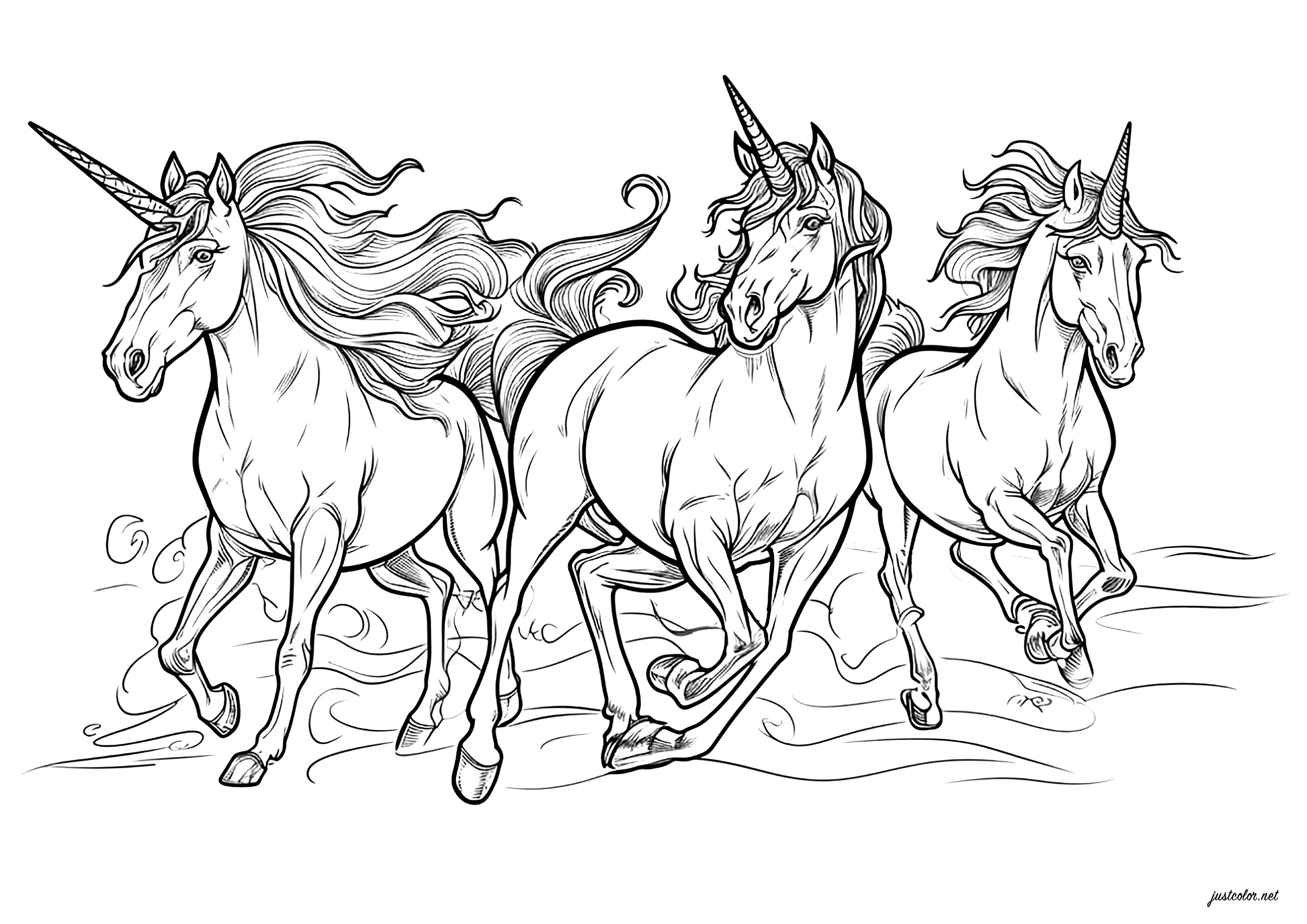 Three galloping unicorns (Printable Coloring Page for adults)