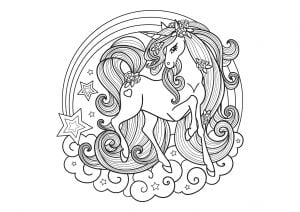Beautiful unicorn with clouds and a rainbow (Coloring Page)