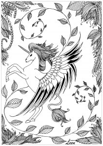 Magnificent Unicorn, with floral borders (Coloring Page)