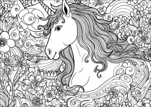 Unicorn with complex profile and numerous motifs (Coloring Page)