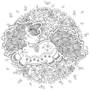 Funny unicorn in front of a background with lots of little leaves (Coloring Page)