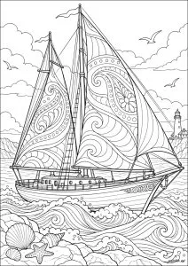 Sailboat with patterns on the ocean.. A sailboat with designs on its sails navigates a rough sea, with a lighthouse visible in the background.